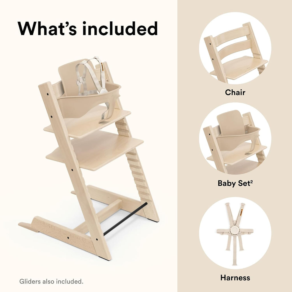 Stokke Tripp Trapp High Chair 2, Natural - Includes Chair + Baby Set with Removable Harness for Children 6-36 Months - Adjustable, Ergonomic & Easy to Clean