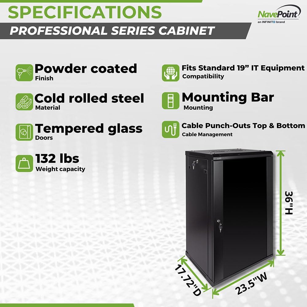 Navepoint 18U Deluxe IT Wallmount Cabinet Enclosure 19-Inch Server Network Rack with Locking Glass Door 16-Inches Deep Black