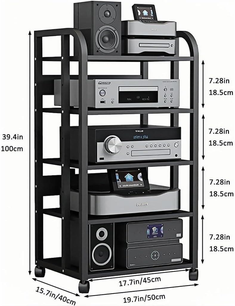 5-Tier Av Media Stand with Wheels, Audio Tower Rack with Adjustable Shelves, Stereo Racks and Stands with Storage Shelves, Media Console for Home, Office, Theater, Black
