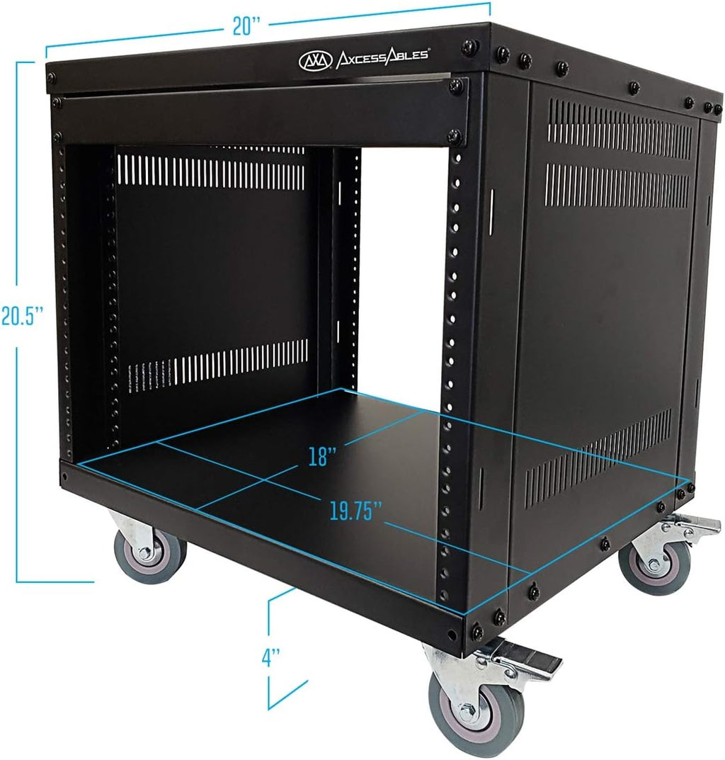 AxcessAbles 8U 19' Homelab Server Rack | 550-LB Capacity | Open Frame with Removable Side Panels | Rolling Rack Cabinet w/Locking 3' Casters | Network, AV & Studio Gear | Includes 5mm & 6mm Screws