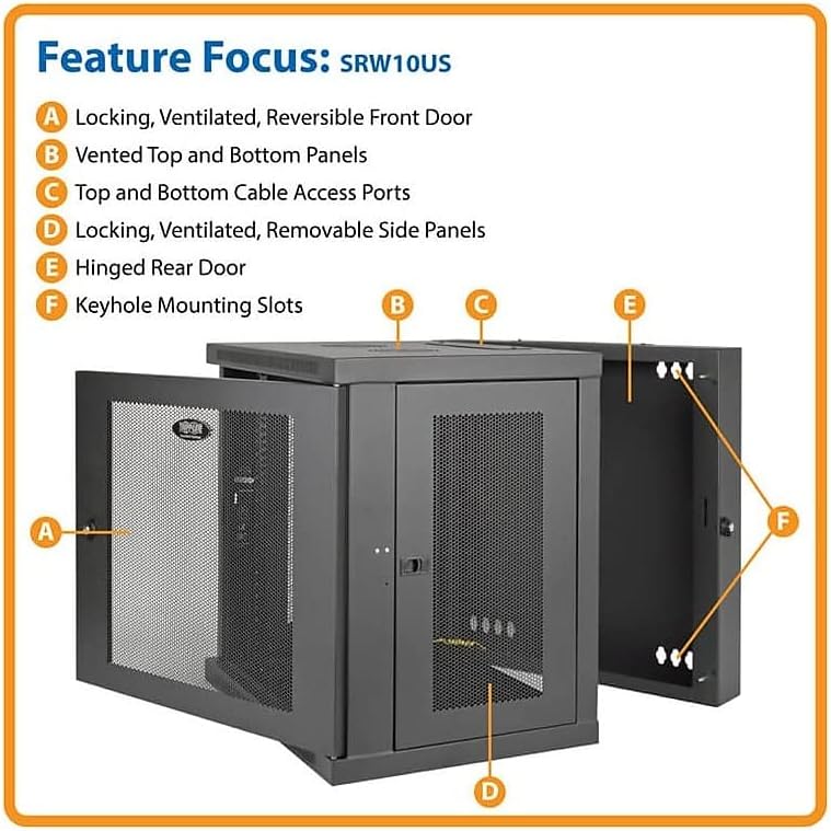 Tripp Lite 10U Wall Mount Rack Enclosure, Low Profile 20.5 inch Switch Depth, Locking Front Door & Hinged Back, Heavy-Duty Steel, 5-Year Warranty (SRW10US)