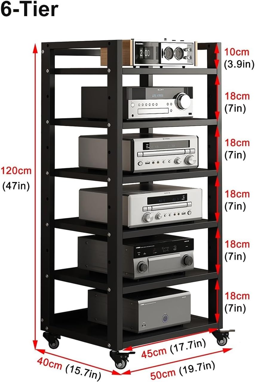 6 Tier AV Media Stand, Movable Record Player DVD CD Audio Rack Tower Holder, Adjustable Entertainment Video Game Equipment Console Shelf for Home/Office/Theater (Black)
