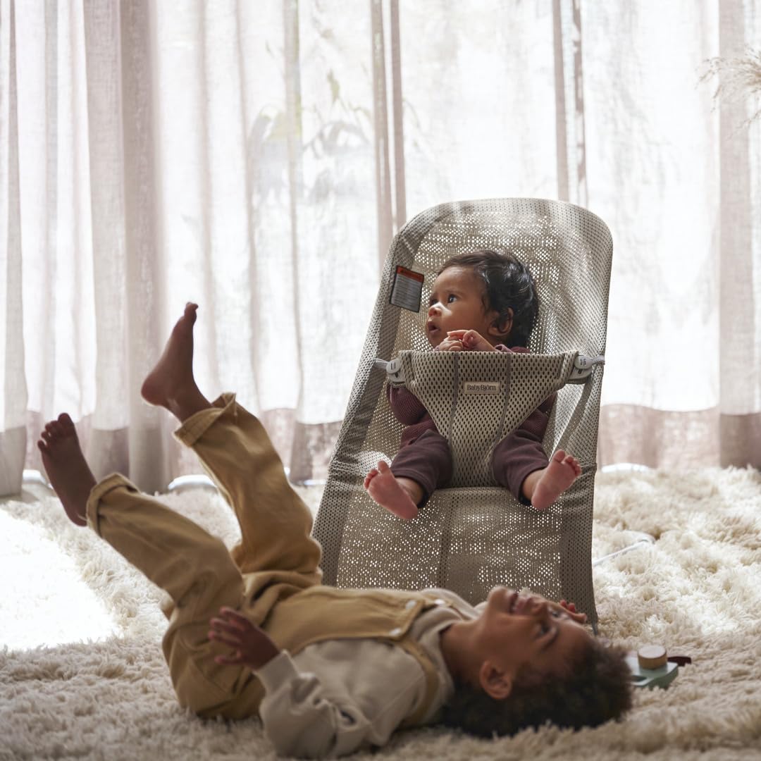 BabyBjörn Bouncer Bliss, Mesh, Gray Beige 2-in-1 Adjustable Baby Bouncer Seat and Toddler Chair, Newborn to Toddler (8-29 Lbs), 4 Positions, Lightweight & Portable