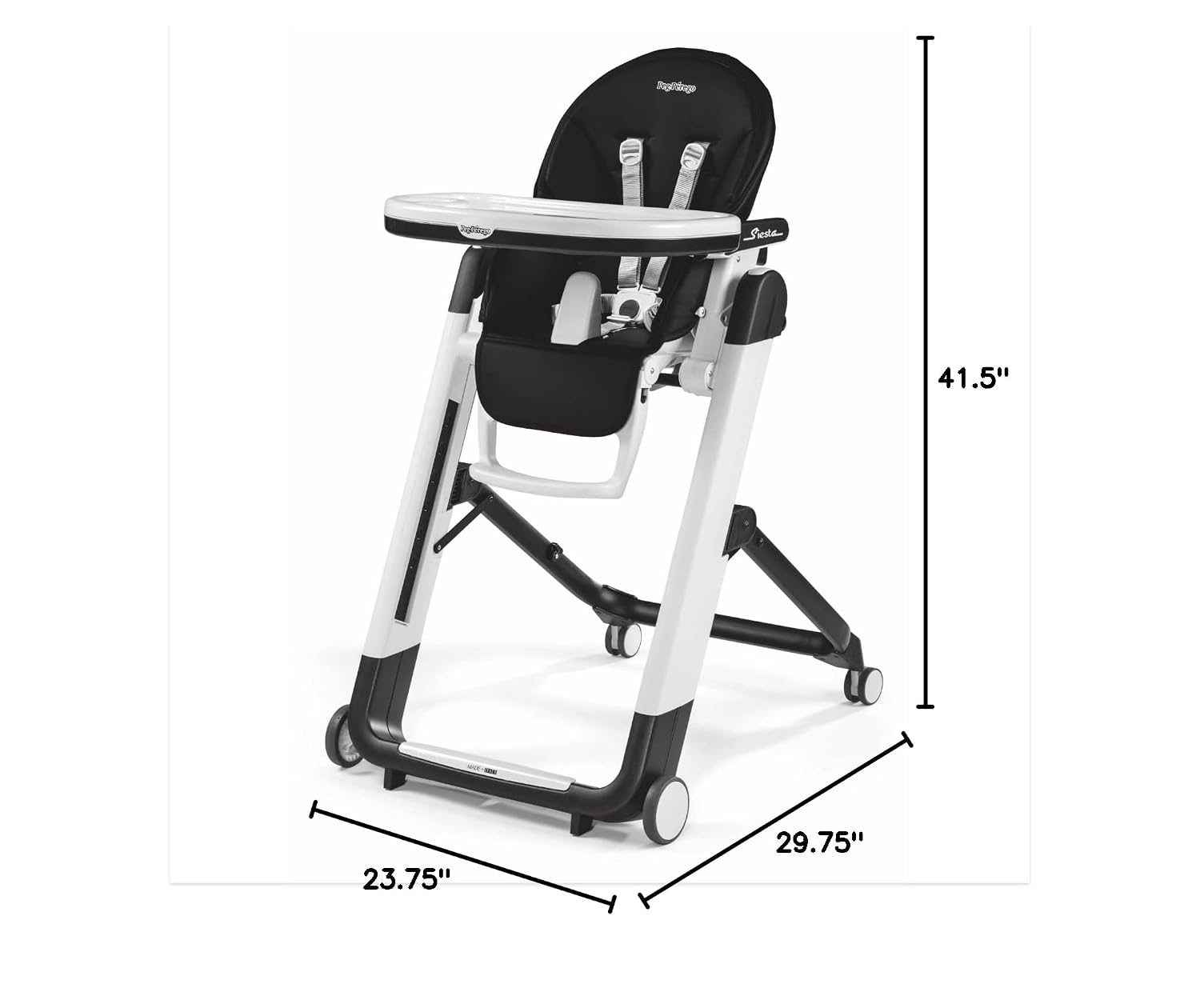Peg Perego Siesta, Grow With Baby Folding High Chair & Recliner, Height Adjustable, Quick Clean & Easy Push Wheels For Babies & Toddlers, Made in Italy, Licorice (Black)