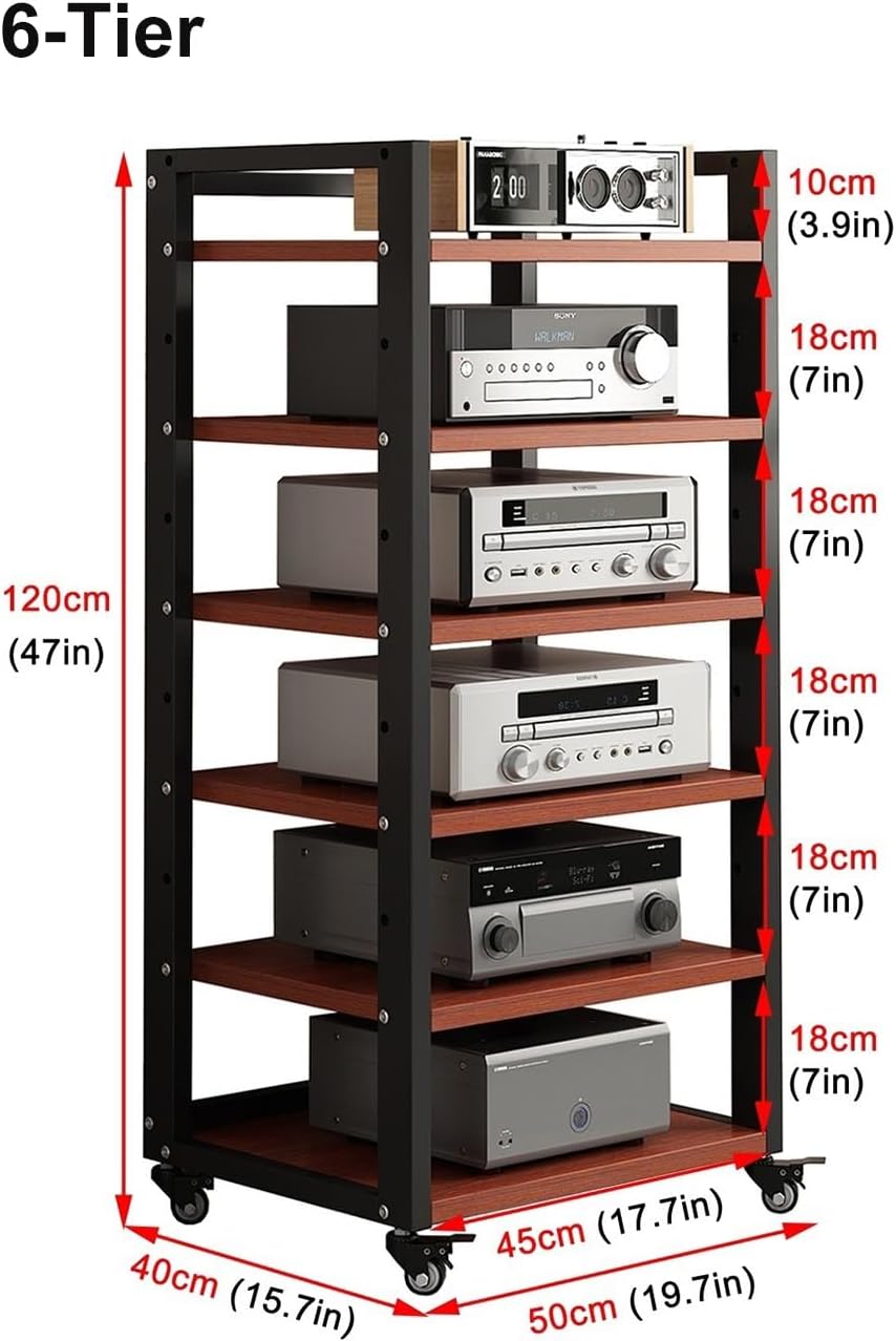 6 Tier AV Media Stand, Movable Record Player DVD CD Audio Rack Tower Holder, Adjustable Entertainment Video Game Equipment Console Shelf for Home/Office/Theater (Brown)