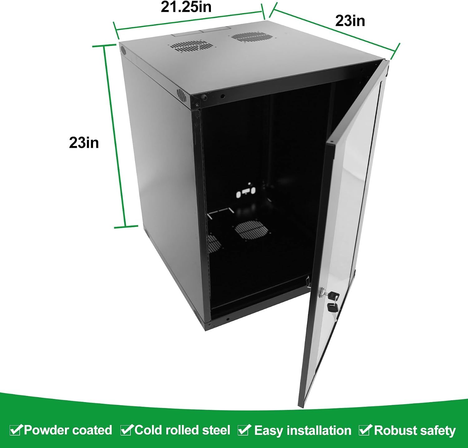 9U Server Cabinet Wall Mount Rack Enclosure with Caster Wheels 2 Server Fans Locking Glass Door Removable Side Panels 19' Network Cabinet 15-18.5' Installation Depth Heavy-Duty Frame(23INCH, 9U)