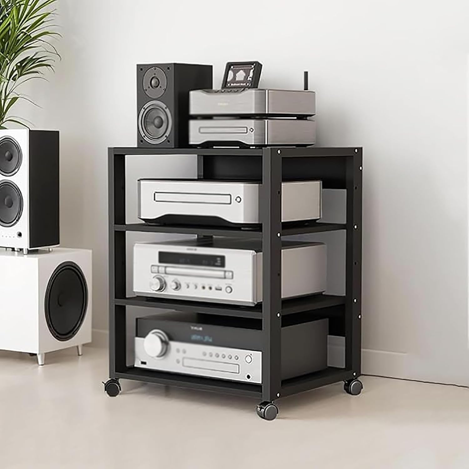 4 Tier Audio Rack Tower, CD Record Player Stereo Receiver AV Equipment Cabinet Display Rack, Weight Capacity 661 lbs, with Adjustable Wooden Shelves for Home (4 Tier Black)
