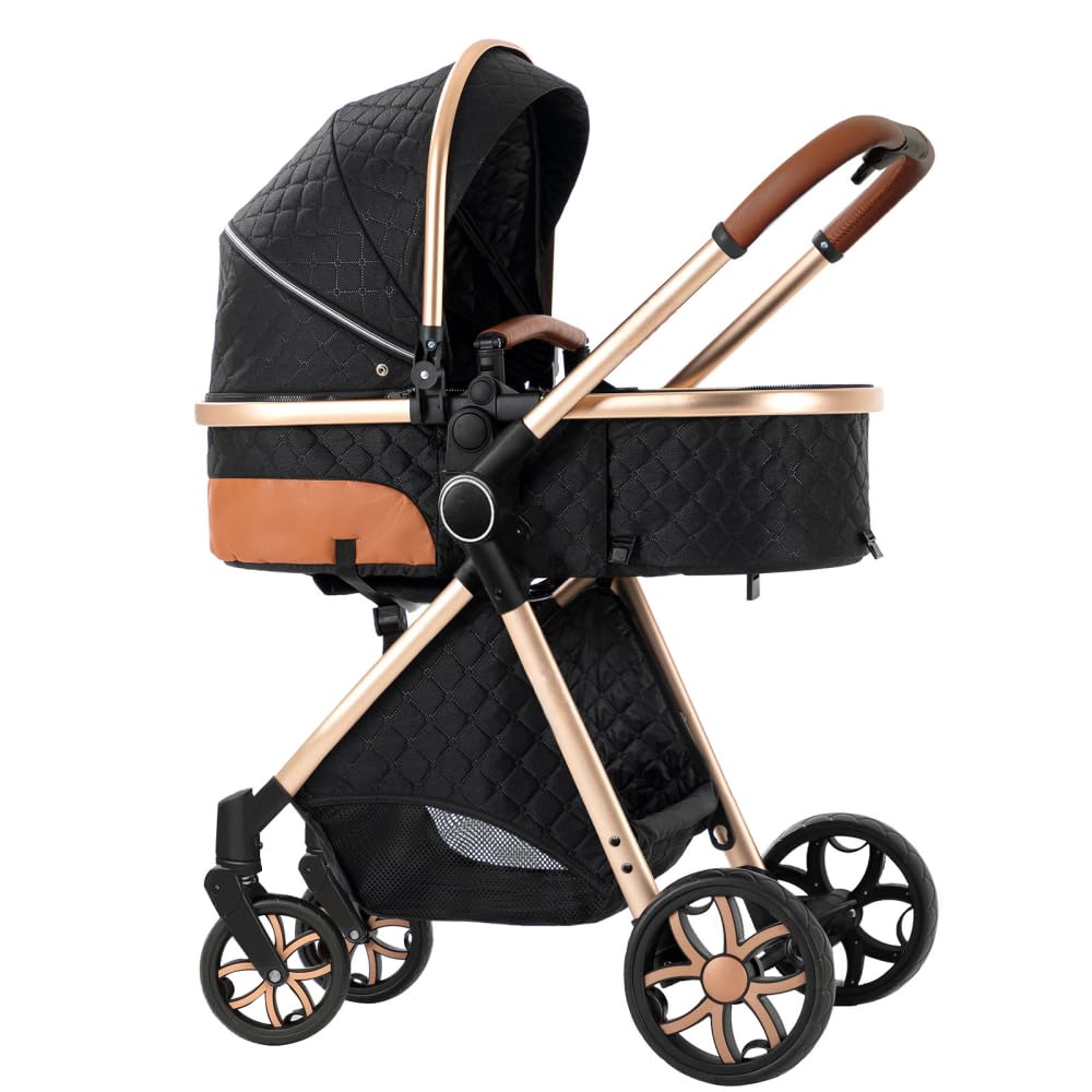 2 in 1 Baby Stroller,Infant Stroller Convertible,High Landscape Baby Carriage,Foldable Pushchair with Adjustable Canopy(Black)