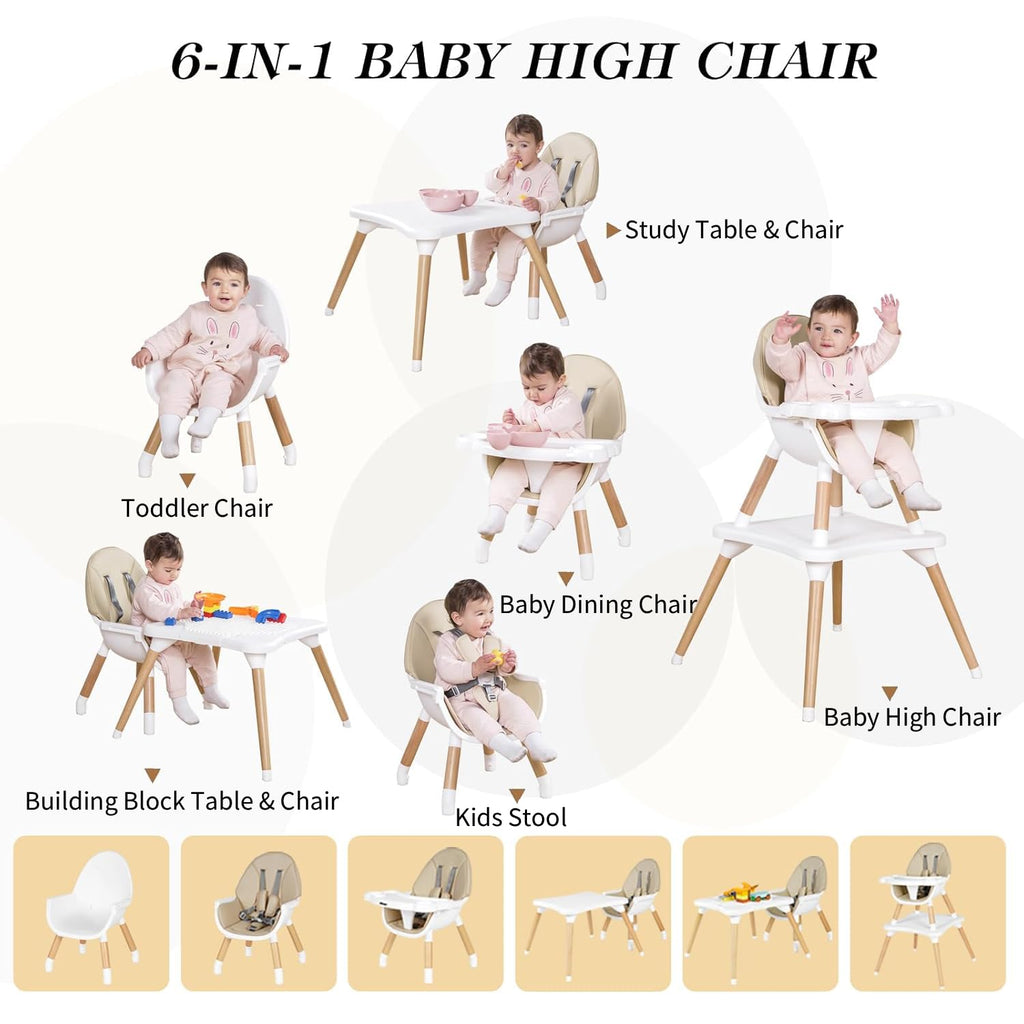 6 in 1 High Chair for Babies & Toddlers, Convertible Wooden Baby Highchair, Table and Chair Set, Baby Feeding Chair, 5-Point Adjustable Harness/4-Position Removable Tray& PU Seat Cushion(Beige)