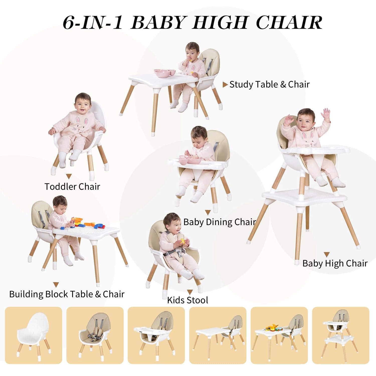 6 in 1 High Chair for Babies & Toddlers, Convertible Wooden Baby Highchair, Table and Chair Set, Baby Feeding Chair, 5-Point Adjustable Harness/4-Position Removable Tray& PU Seat Cushion(Beige)