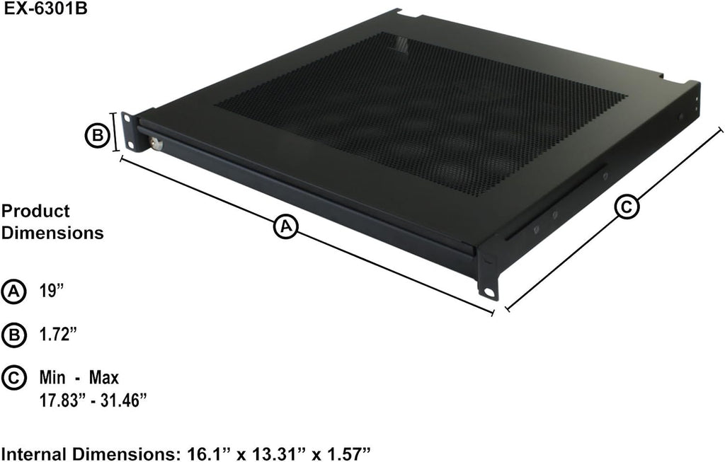 Penn Elcom EX-6301B 19 Inch Rack Mountable Vented Laptop/Tablet Drawer with Foam Wrist-Pad Support, Key Lock and Rear Cable Access
