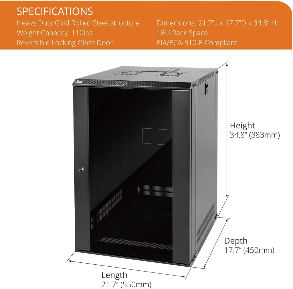 Tecmojo 18U Wall Mount Rack Network Cabinet for 19' IT Equipment,with Lockable Glass Door and Side Panels,Cooling Fan,Black,17.7inch Depth for AV/Computer/Electronics Equipment Data Rack