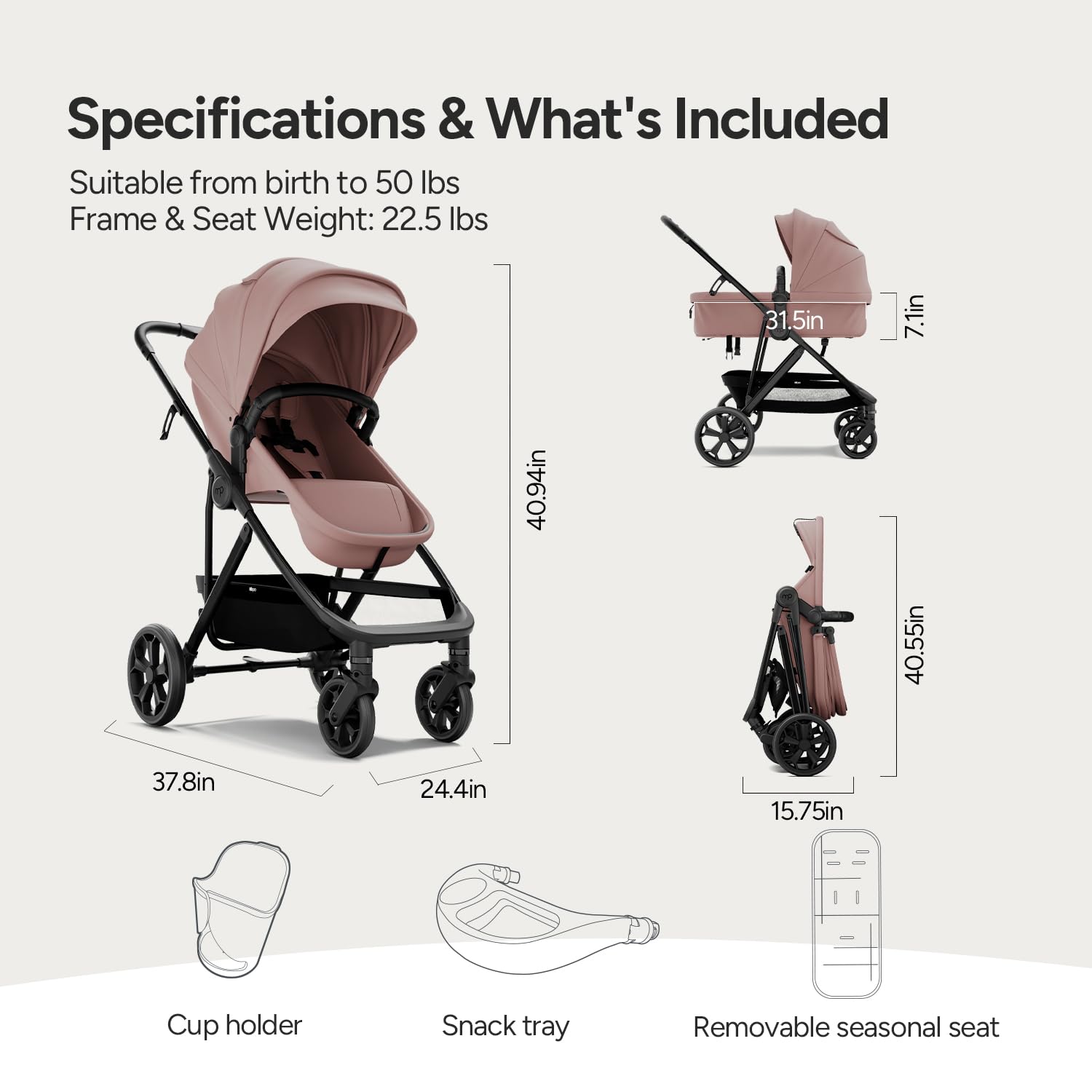 Mompush Wiz Pro 2-in-1 Baby Stroller, Full-Size All-Terrain Premium Stroller with Newborn Mode and Reversible Seat, Snack Tray Included, Large UPF 50+ Canopy & Storage Basket