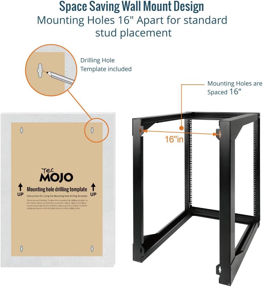 Tecmojo 15U Wall Mount Server Rack, Open Frame Network Rack for 19' Computer/AV/Data/IT/Media Equipment, 24' Depth, 16' Apart Mounting Holes, Swing Gate, Square and Tapped Holes