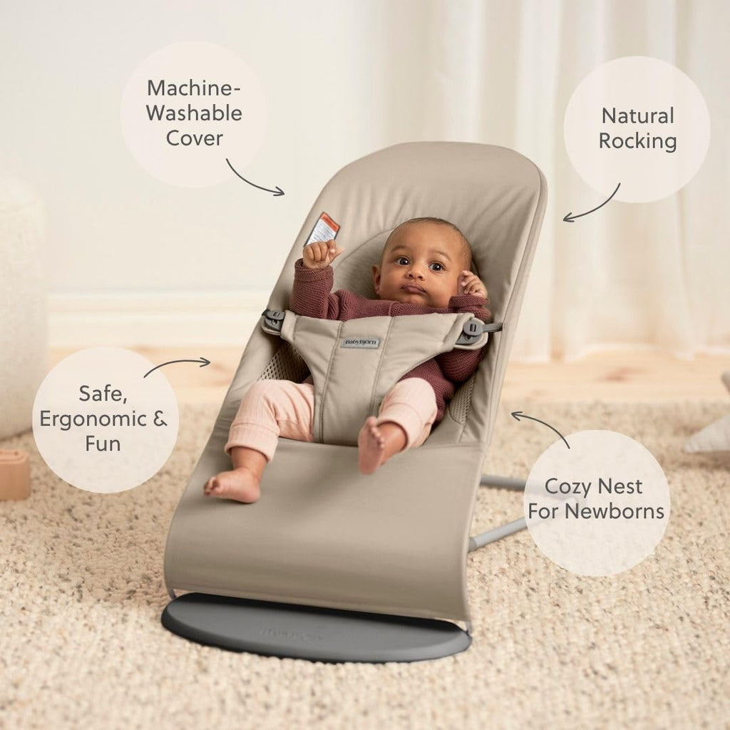 BabyBjörn Bouncer Balance Soft, Tri-Fabric, Sand Grey | 2-in-1 Adjustable Baby Bouncer Seat and Toddler Chair, Newborn to Toddler (8-29 lbs), 4 Positions, Lightweight & Portable
