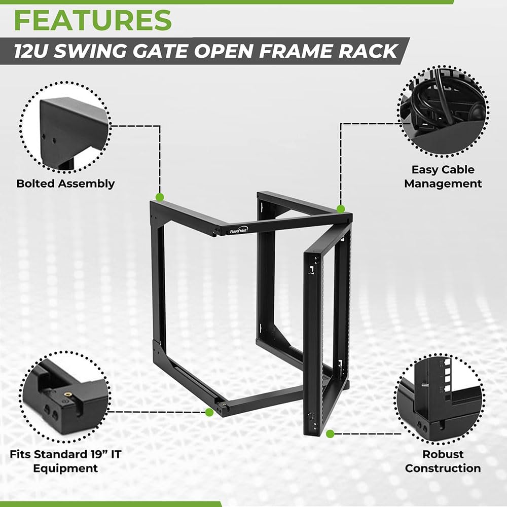 NavePoint 12U Wall Mount Server Rack - Swing Gate Open Frame for 19-Inch IT Equipment - Network Rack for AV & Server Equipment, 24' Deep, Black