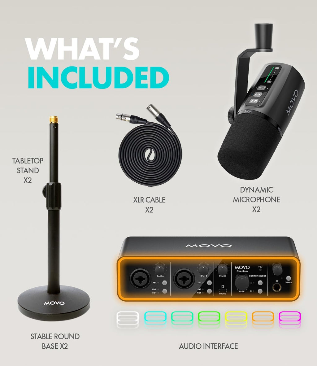 Movo Podcast Equipment Bundle - Phantom USB Audio Interface, 2 UM6 XLR/USB-C Dynamic Microphones, and 2 Tabletop Stands - Dual Microphone Setup for Professional Podcasting and Streaming
