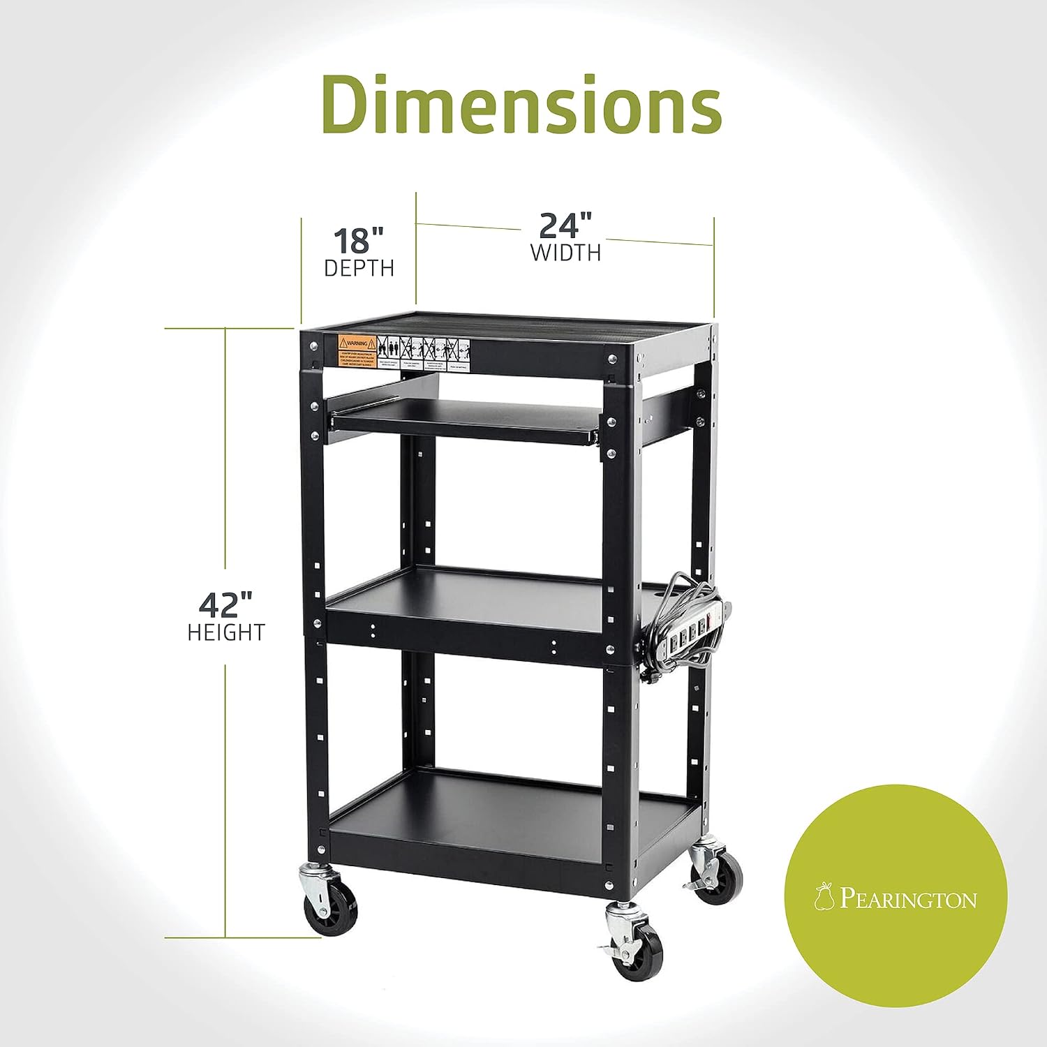 Pearington AV Presentation Cart Stand for Video Projector, TV, Laptop Computers, Printers, Metal Construction Rolling Storage Cart with Adjustable Shelves, 4 Wheels, 4 Outlets, 12ft Cord, Black