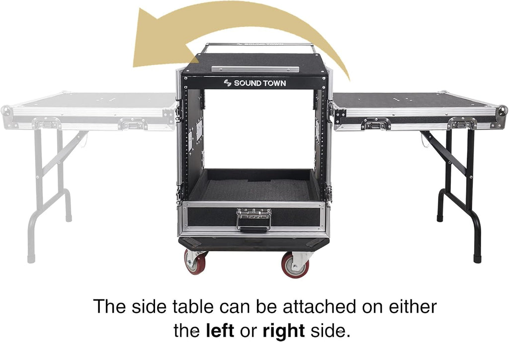 Sound Town 12U PA DJ Pro Audio Rack/Road ATA Case with 2U Drawer, 11U Slant Mixer Top, DJ Work Table, Casters, Pro Tour Grade (MR-DR12UT)