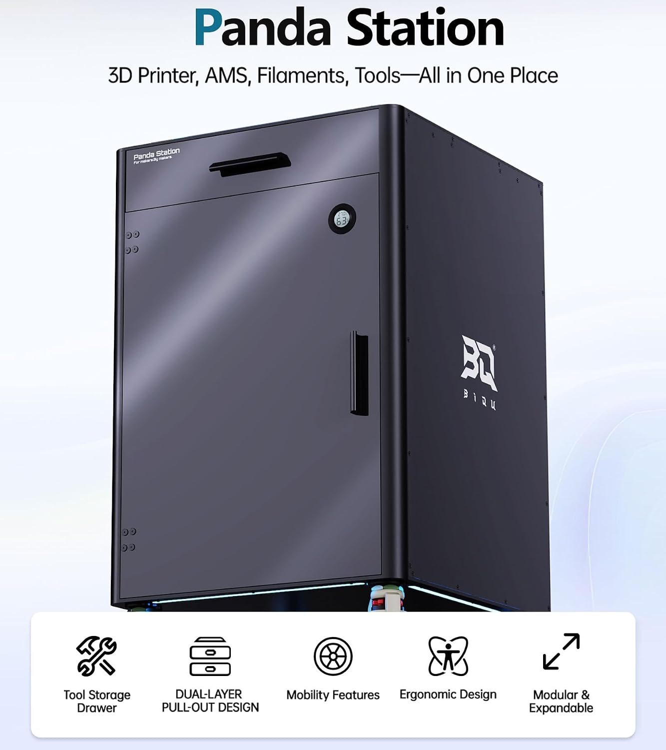 BIQU Panda Station 3D Printer Working Stand Cabinet with Filament/AMS/Tools Storage for Bambu-Lab Printers, Movable and Lockable Workstation for 3D Printing Farms Workshop, Space Saving