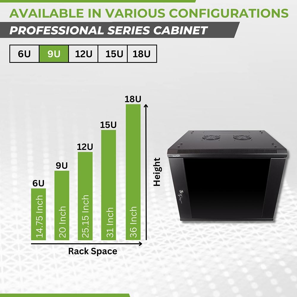 Navepoint 9U Deluxe IT Wallmount Cabinet Enclosure 19-Inch Server Network Rack with Locking Glass Door - Black