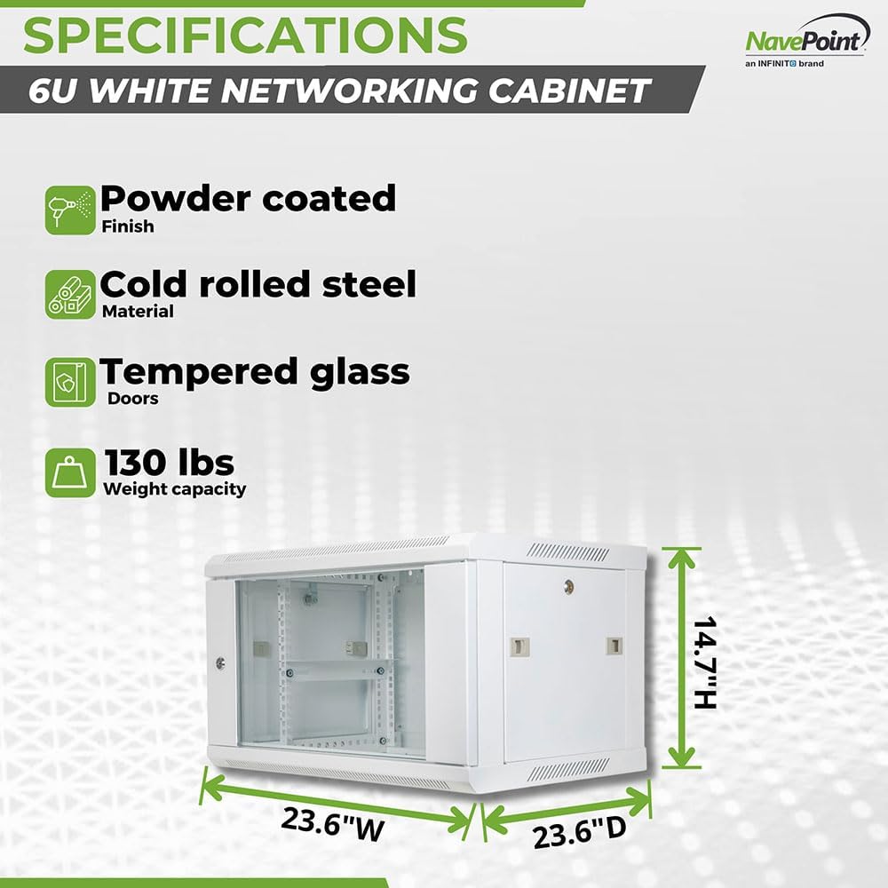 NavePoint 6U Network Cabinet with Glass Door – 6U Wall Mount Server Cabinet White 19' Rack for IT Equipment, AV Devices, Networking Equipment –23' Deep Server Rack Enclosure