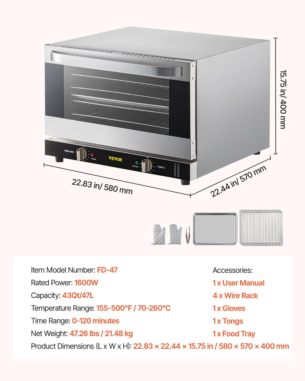 VEVOR Commercial Convection Oven, 47L/43Qt, Half-Size Conventional Oven Countertop, 1600W 4-Tier Toaster w/Front Glass Door, Electric Baking Oven w/Trays Wire Racks Clip Gloves, 120V