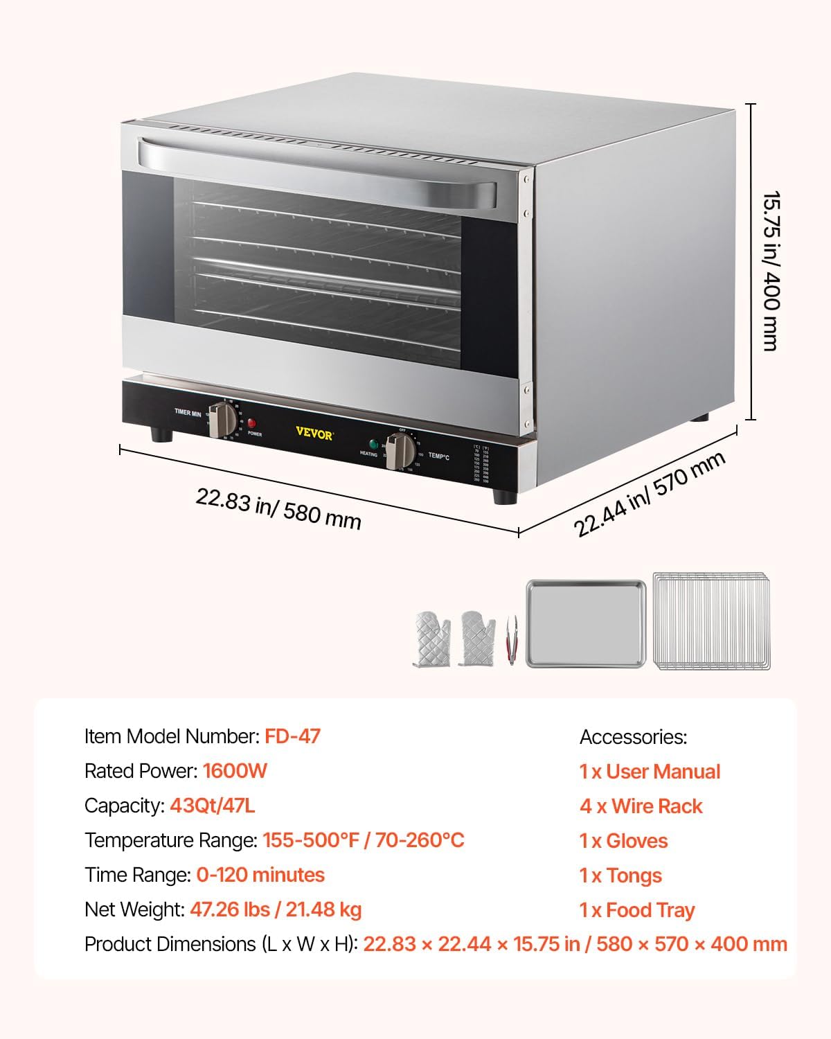 VEVOR Commercial Convection Oven, 47L/43Qt, Half-Size Conventional Oven Countertop, 1600W 4-Tier Toaster w/Front Glass Door, Electric Baking Oven w/Trays Wire Racks Clip Gloves, 120V