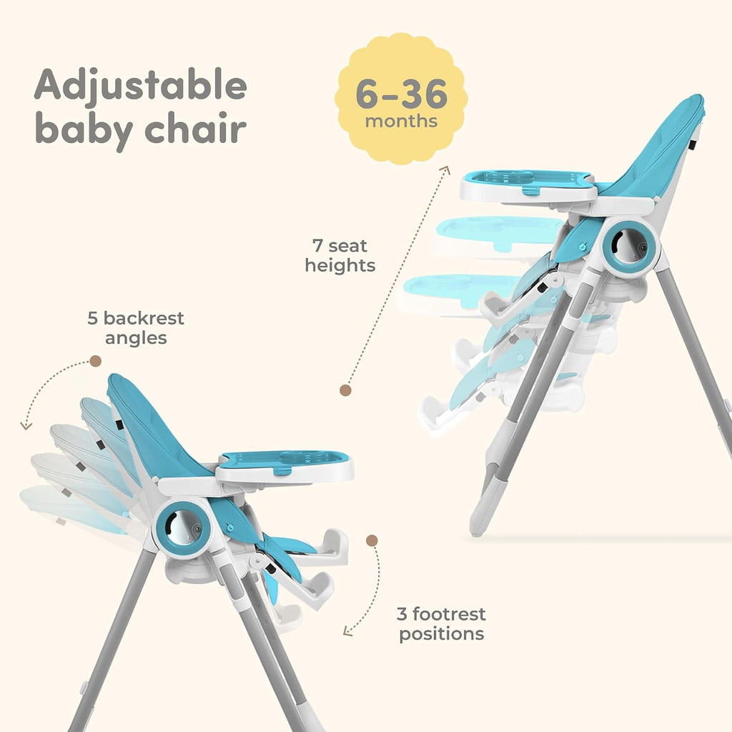 Baby High Chair Adjustable to 7 Different Heights - Foldable High Chairs for Babies and Toddlers - Silla para Comer de Bebe - Blue