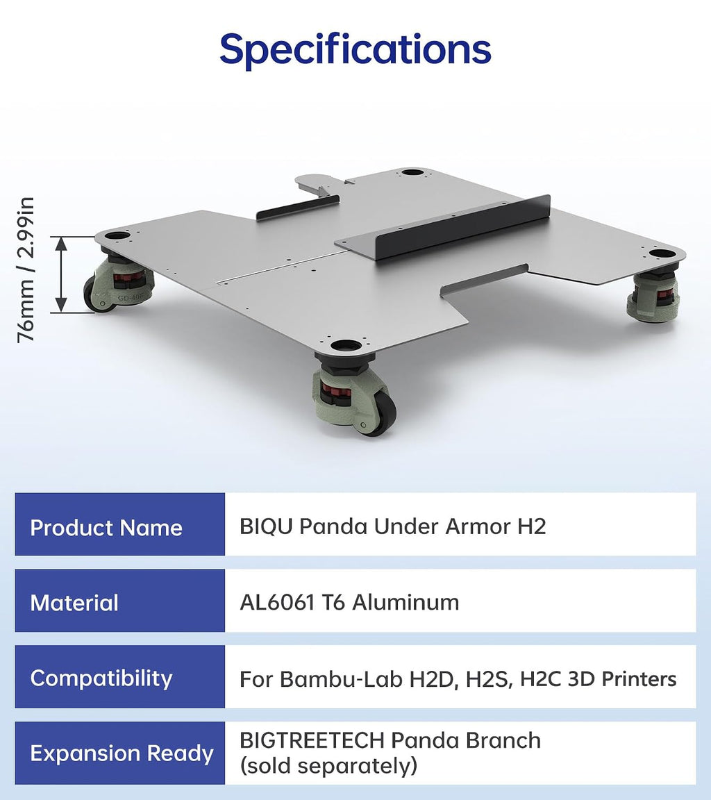 BIQU Panda Under Armor for Bambu-Lab H2D H2S H2C, 3D Printer Dolly Cart with 360° Rotating Wheels for Easy Moving, Portable and Lockable, Printer Bottom Protector,with Rubber Brake