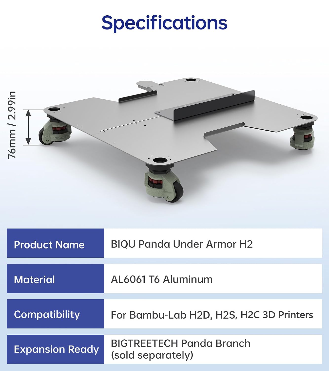 BIQU Panda Under Armor for Bambu-Lab H2D H2S H2C, 3D Printer Dolly Cart with 360° Rotating Wheels for Easy Moving, Portable and Lockable, Printer Bottom Protector,with Rubber Brake