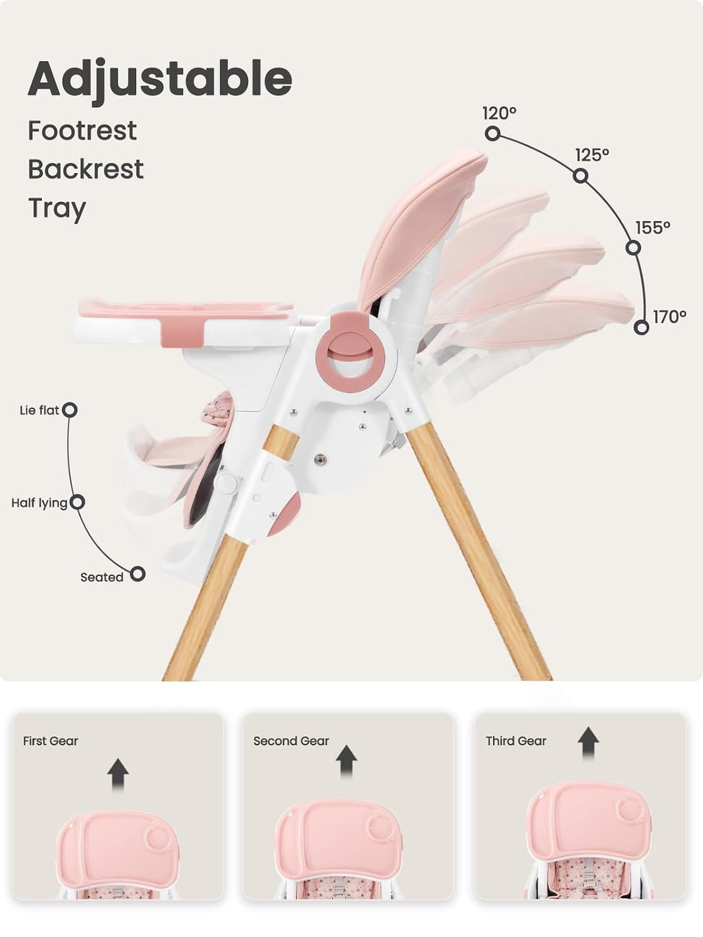 Babilous Foldable High Chair with Soft Cushion, High Chairs for Babies and Toddlers, Height Adjustable Feeding Chair, Adjustable Backrest and Footrest, Lockable Wheels, Woodgrain Star Pink
