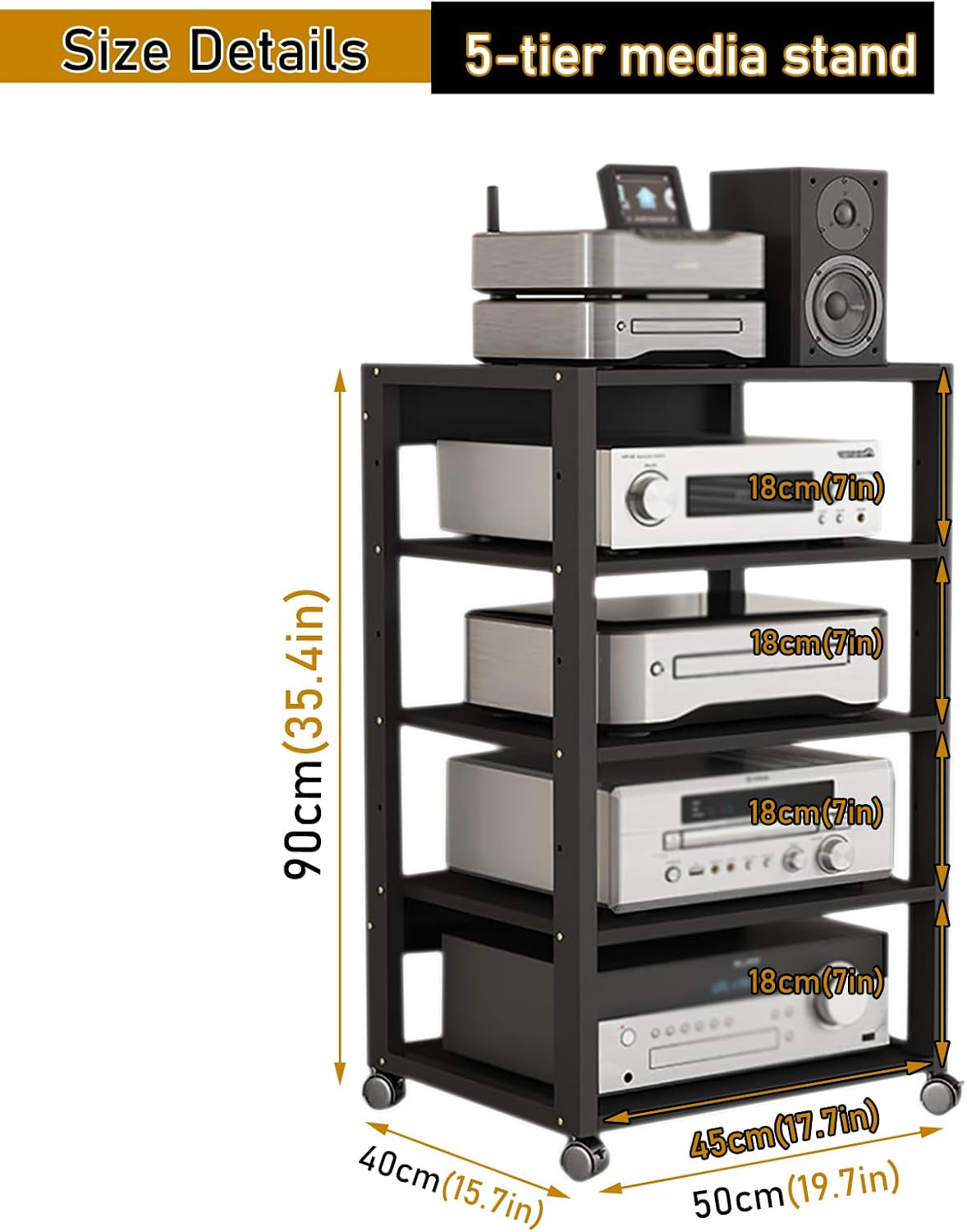5 Tier Audio Rack Tower, CD Record Player Stereo Receiver AV Equipment Cabinet Display Rack, Weight Capacity 661 lbs, with Adjustable Wooden Shelves for Home (5 Tier Black)