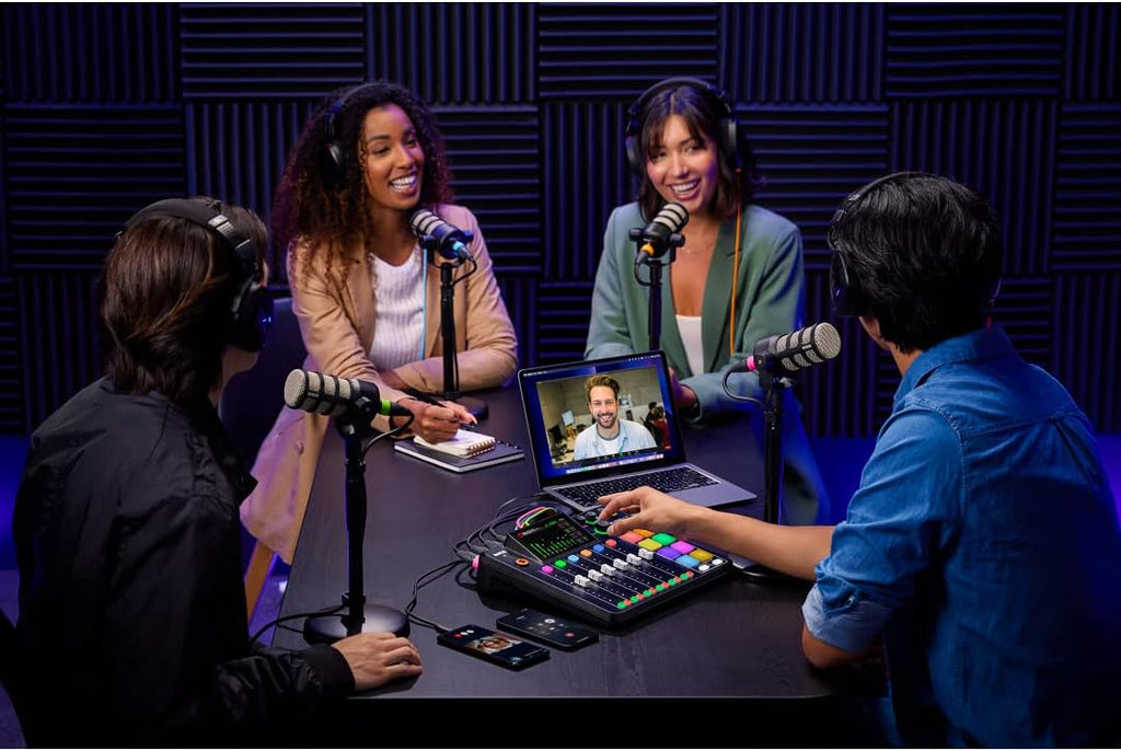 Rode RODECaster Pro 2 Podcast Mixer Bundle with 4 Zoom ZDM-1 Microphone Packs, Headphones, Boom Arms, Stands, XLR Cables, 32GB SD — Complete 4-Person Podcasting Kit