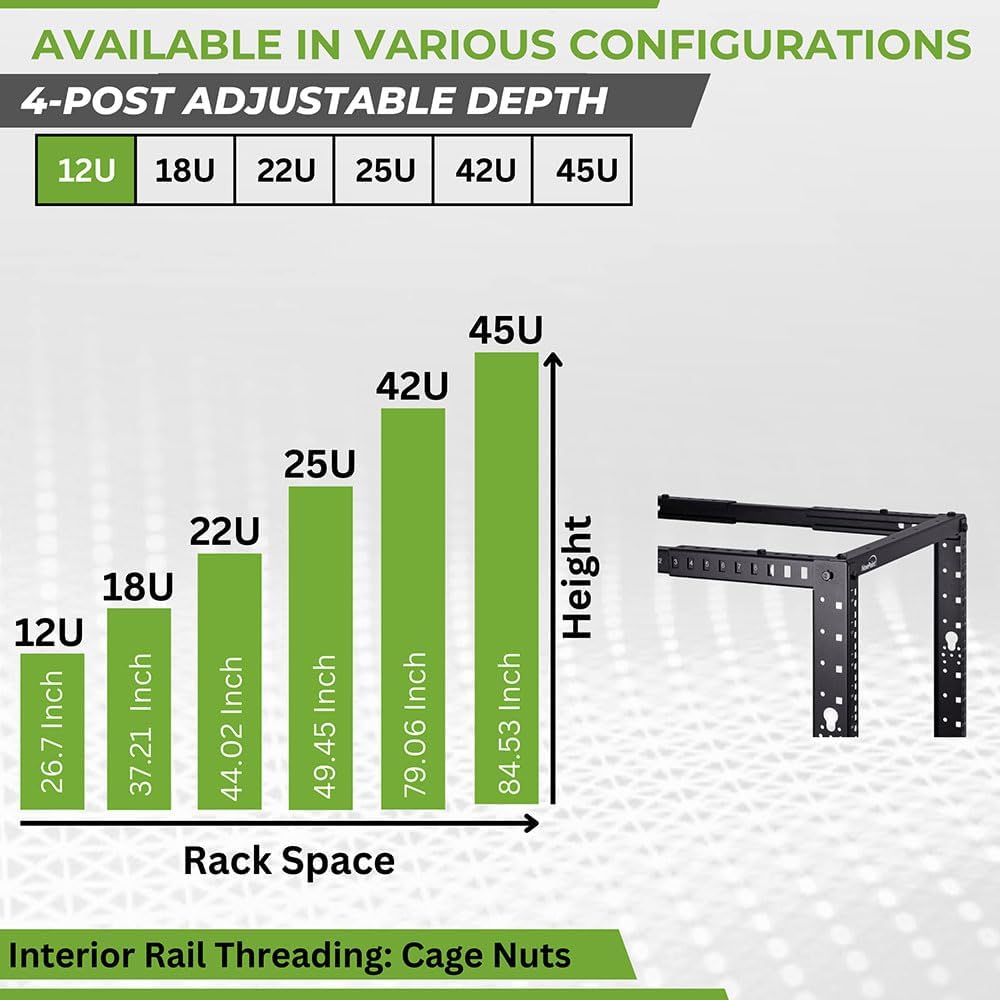 NavePoint 4-Post Open Frame Racks 19-inch Standard, Adjustable 22'-40', Square Holes/Cage Nuts - Parent