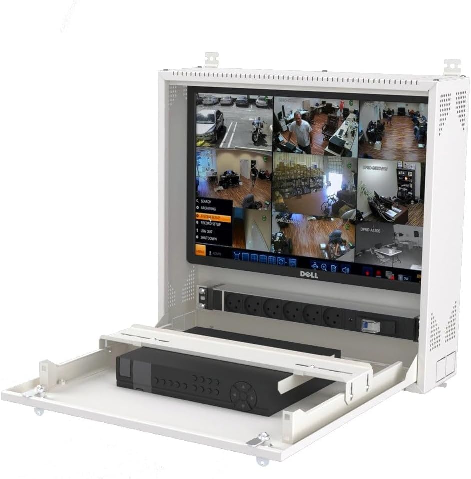Wall-Mount DVR/NVR Security Enclosure, Lockable Steel Cabinet with 1U Adjustable Rail, Ventilated, 22″ W x 21.2″ H x 5.9″ D, White (RAL 7035) – STURDX