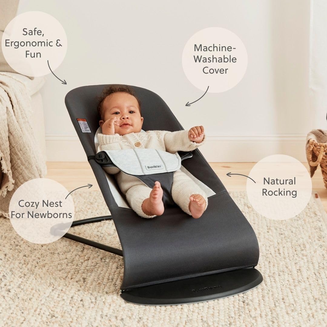 BabyBjörn Bouncer Balance Soft, Woven/Jersey, Dark Gray/Gray | 2-in-1 Adjustable Baby Bouncer Seat and Toddler Chair, Newborn to Toddler (8-29 lbs), 4 Positions, Lightweight & Portable
