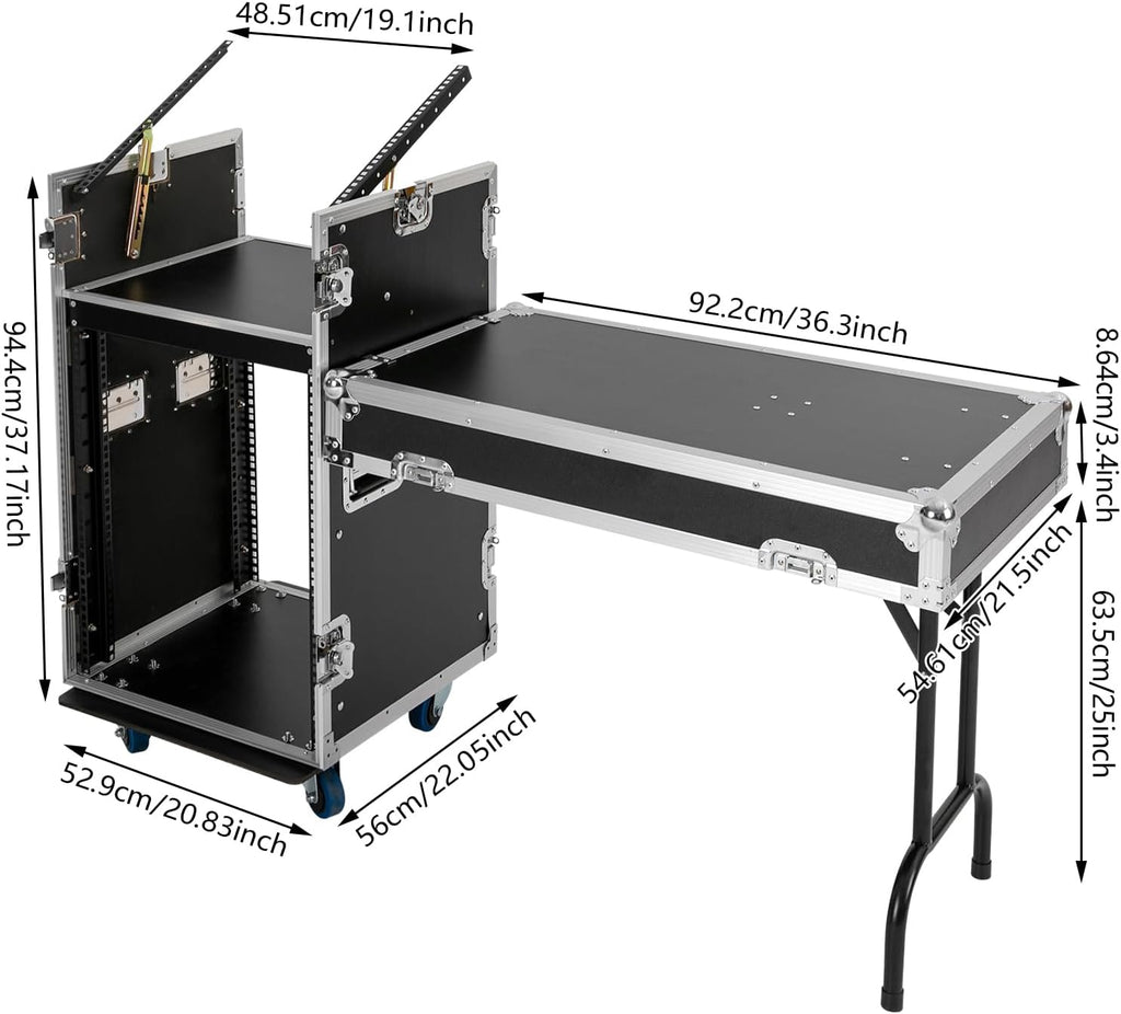 14U PA DJ Rack with 4 Wheels, Heavy-Duty Mobile Audio Equipment Cabinet with Side DJ Table Top, 661 lbs Capacity Studio Rack for Mixer, Amplifier, Speakers (14U/Side Table)