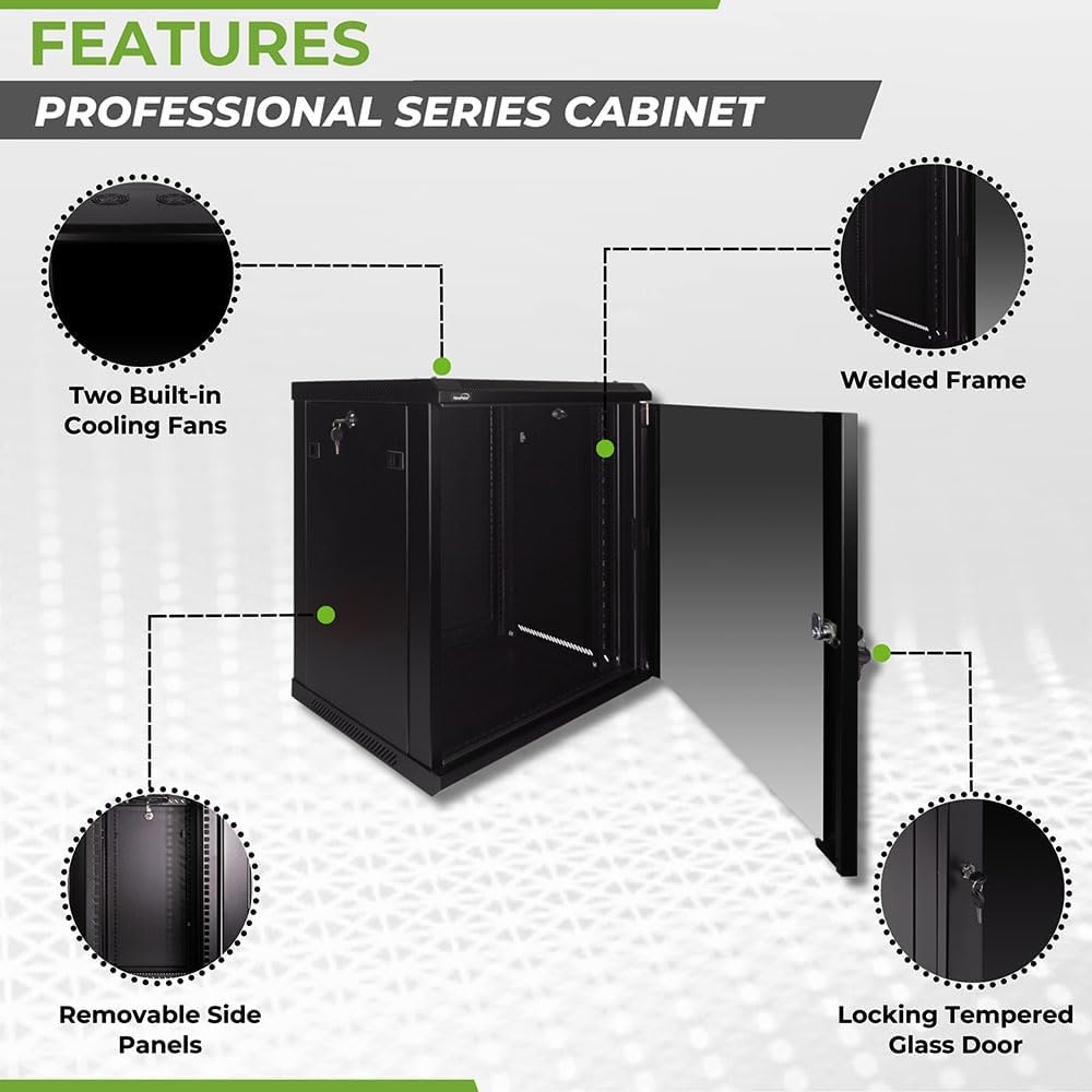 NavePoint 12U Wall Mount Network Cabinet for 19' IT Equipment, A/V, Tempered Glass Door, Locks, 2 Fans, 450mm Depth, Max Weight 132 lbs