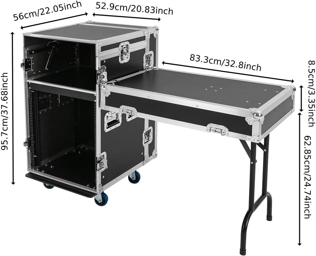 12U PA DJ Pro Audio Rack Road Case with Slant Mixer Top, Locking Wheels, Removable Doors – DJ Mixer Rack for Mixers, Amps, and Speakers