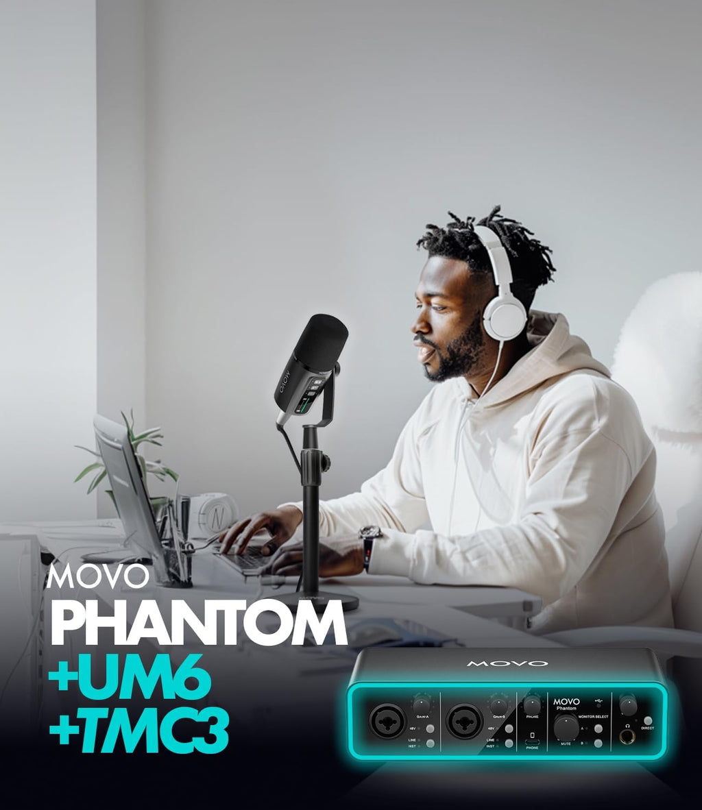Movo Podcast Equipment Bundle - Phantom USB Audio Interface, 2 UM6 XLR/USB-C Dynamic Microphones, and 2 Tabletop Stands - Dual Microphone Setup for Professional Podcasting and Streaming