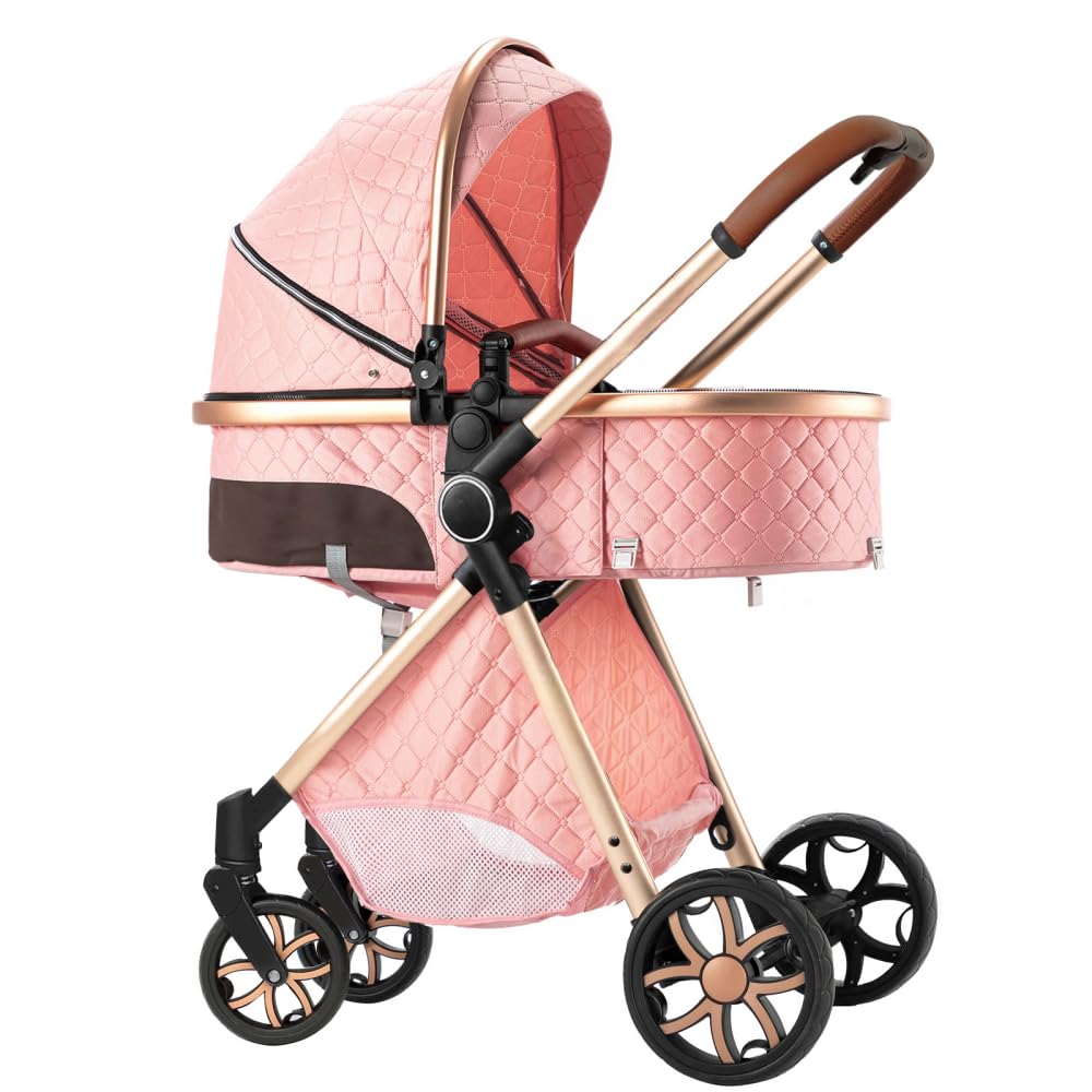 2 in 1 Baby Stroller,Infant Stroller Convertible,High Landscape Baby Carriage,Foldable Pushchair with Adjustable Canopy(Pink)
