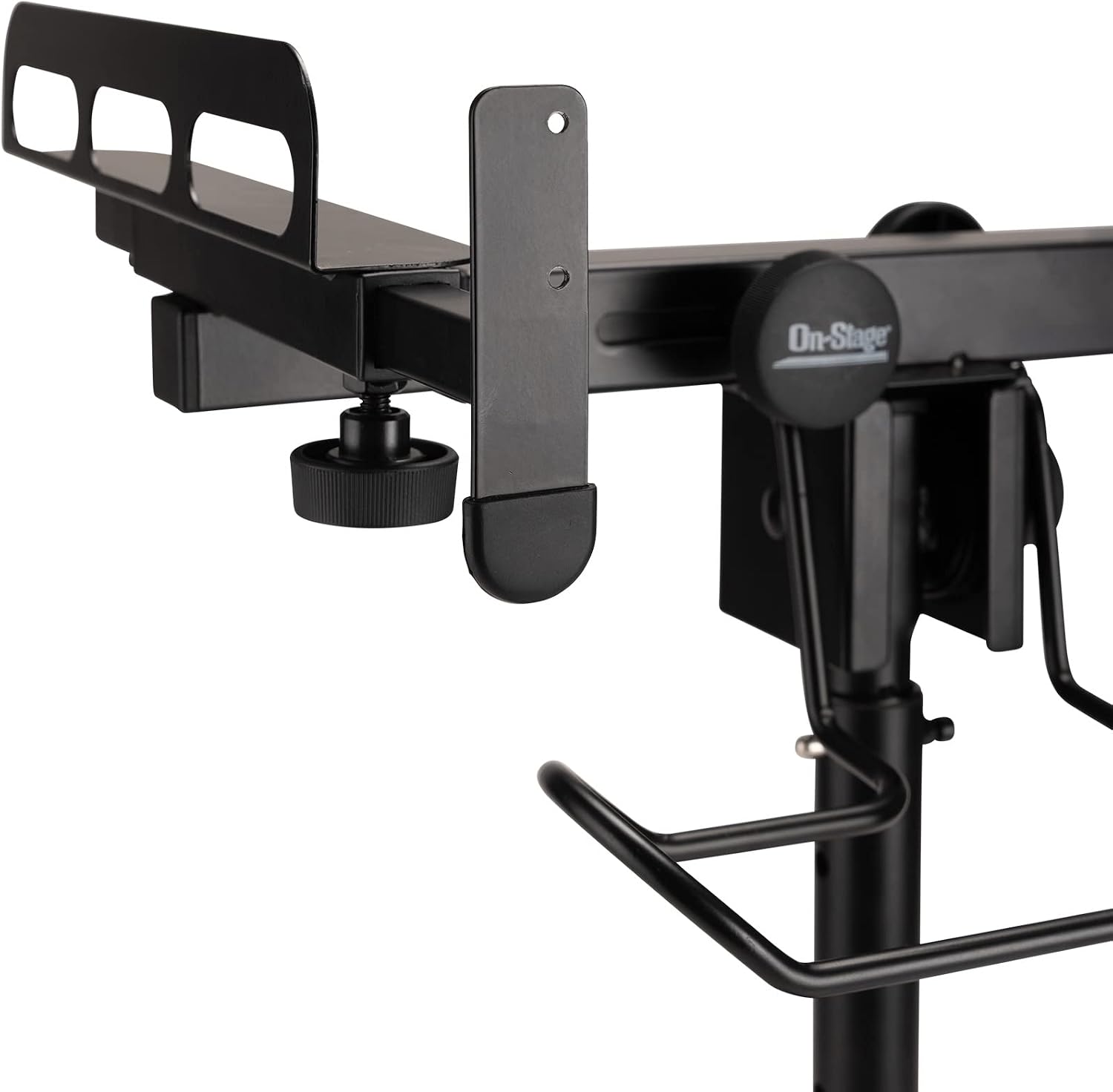 OnStage MIX-400 V2 Mobile Mixer Stand: Rolling platform for mixers, laptops, controllers. Height adjustable (28'-38'), rackmount compatible, headphone hanger. Portable, black finish.