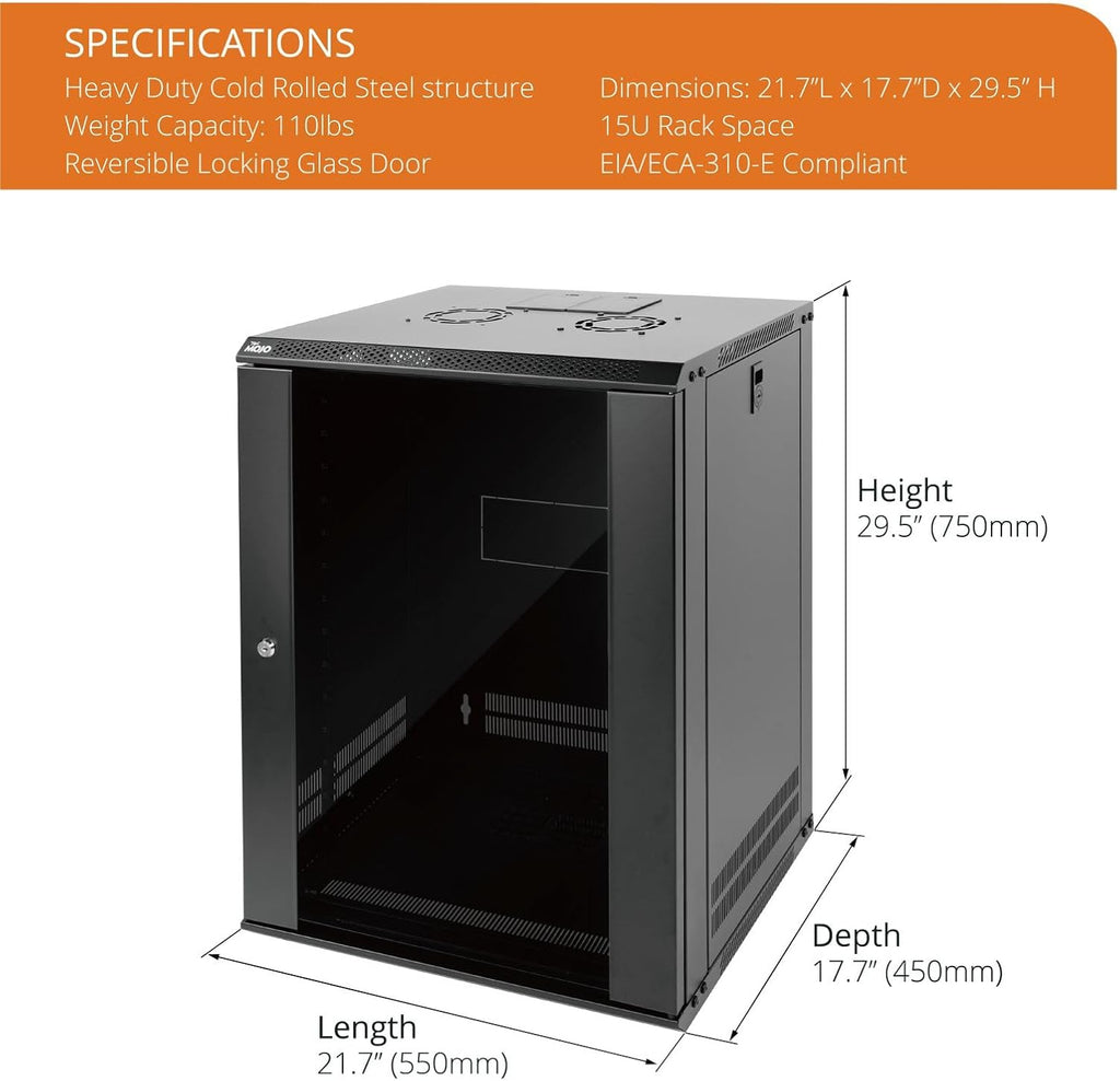 Tecmojo 15U Wall Mount Rack Network Cabinet for 19' IT Equipment,with Lockable Glass Door and Side Panels,Cooling Fan,17.7inch Depth,Black (15U)