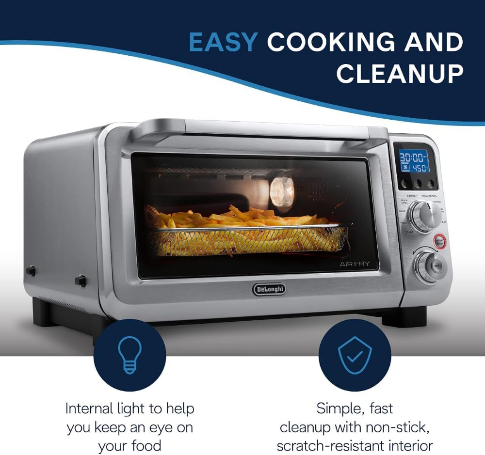 De'Longhi Digital Air Fry Convection Toaster Oven 14L Stainless Steel, Air Fry Oven, 9-in-1, Grills, Broils, Bakes, Roasts, Reheats, Keep Warm, Non-Stick, Scratch-Resistant Interior, 1800-Watts