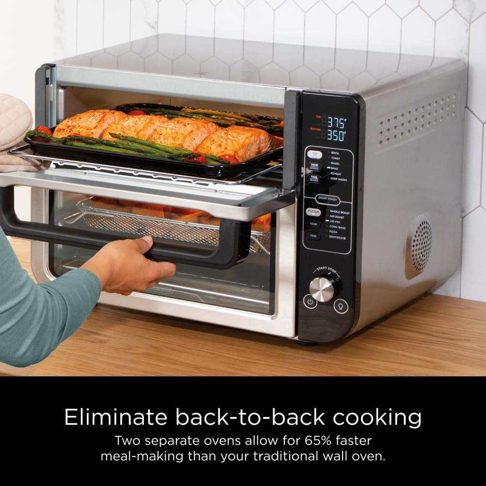 Ninja DCT401 12-in-1 Double Oven with FlexDoor, FlavorSeal & Smart Finish, Rapid Top Convection and Air Fry Bottom, Bake, Roast, Toast, Air Fry, Pizza and More, Stainless Steel (Renewed)