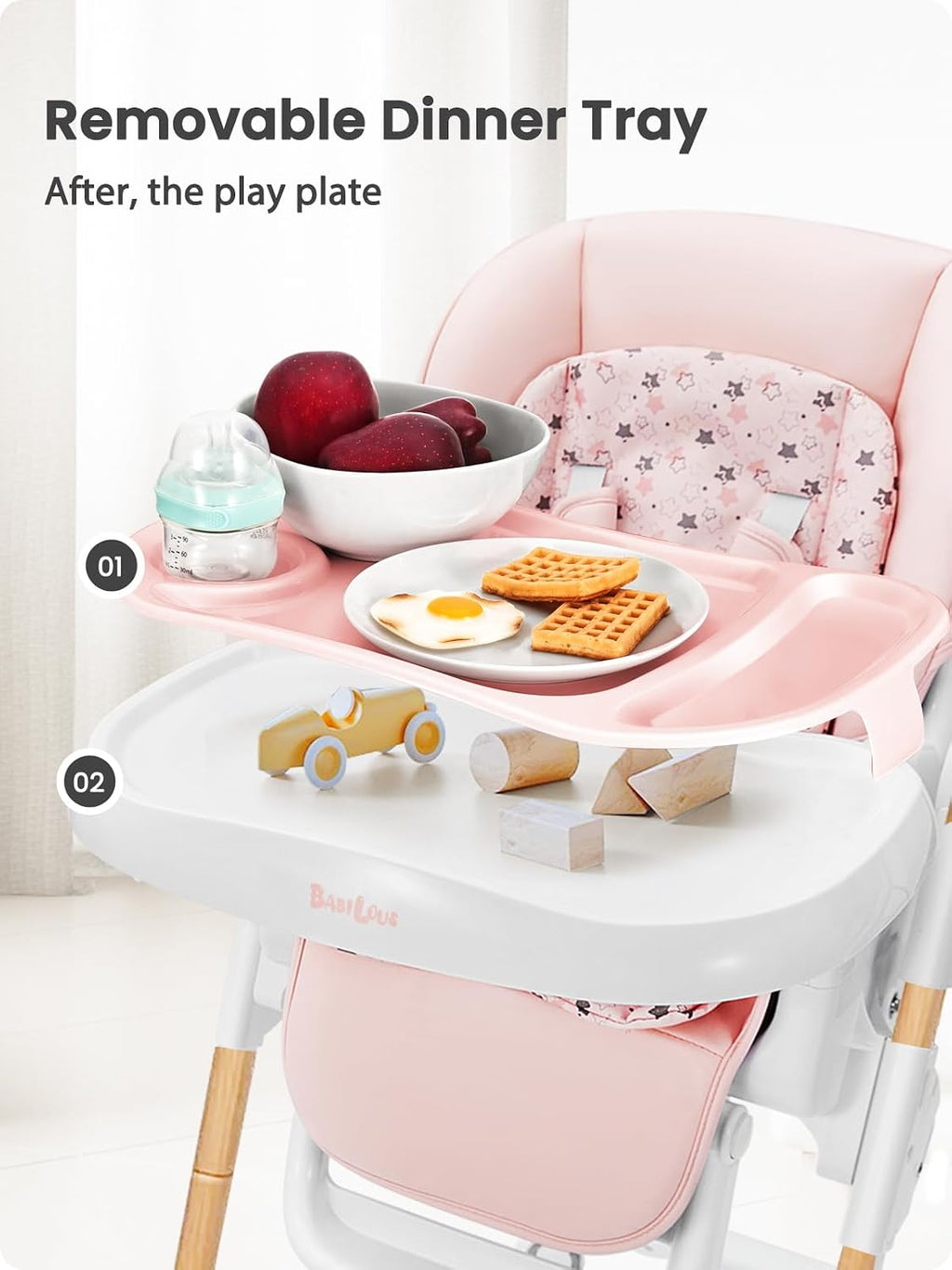 Babilous Foldable High Chair with Soft Cushion, High Chairs for Babies and Toddlers, Height Adjustable Feeding Chair, Adjustable Backrest and Footrest, Lockable Wheels, Woodgrain Star Pink
