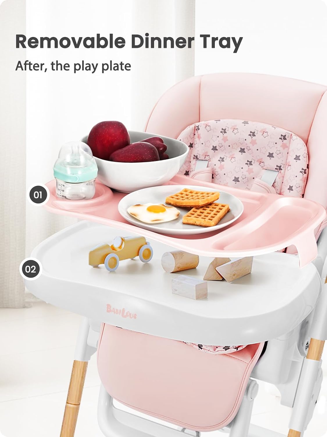 Babilous Foldable High Chair with Soft Cushion, High Chairs for Babies and Toddlers, Height Adjustable Feeding Chair, Adjustable Backrest and Footrest, Lockable Wheels, Woodgrain Star Pink