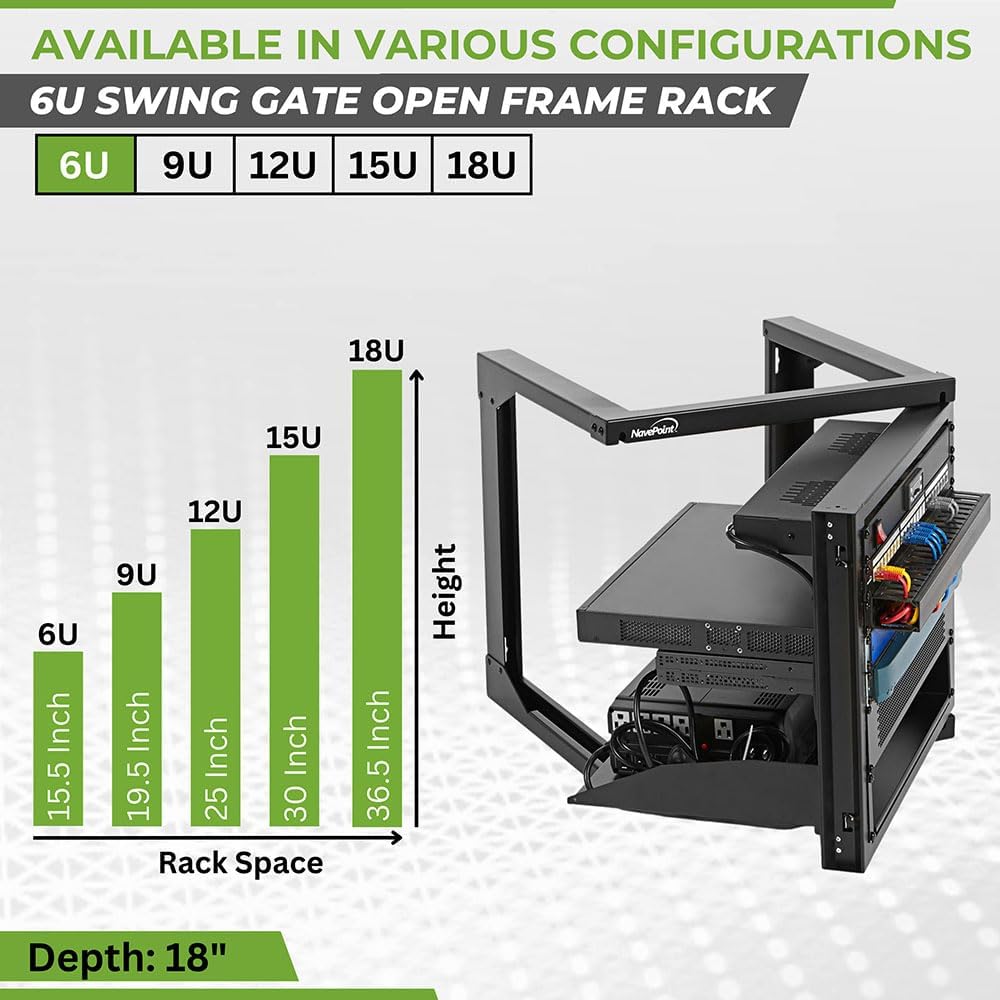 NavePoint 6U Server Rack with Swing Gate - Wall Mount Rack for 19 Inch IT & AV Equipment - 18' Deep, Black