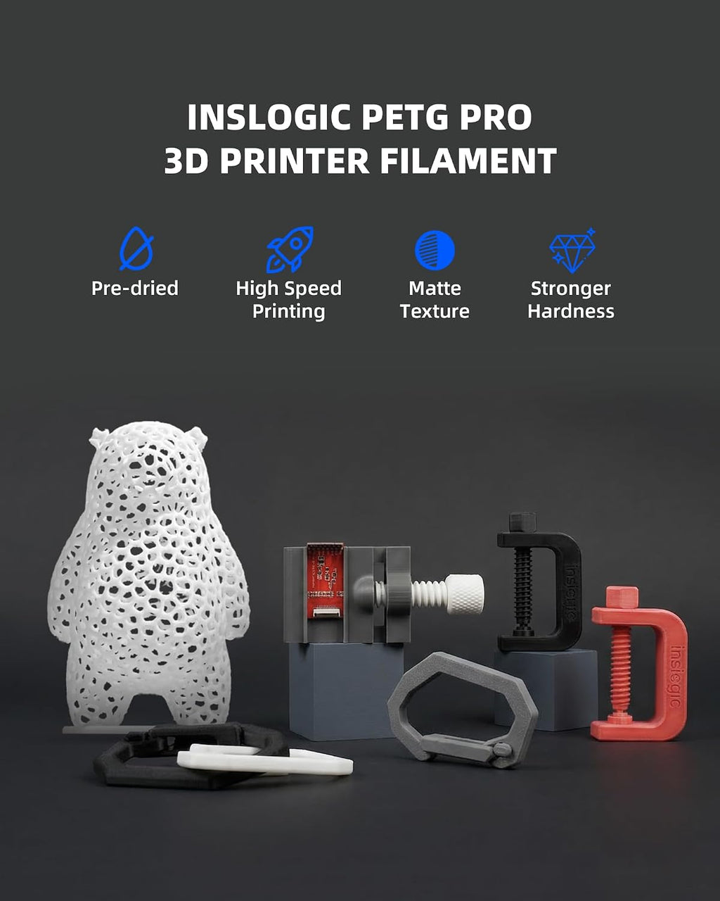 Inslogic PETG Pro Pre-Dried 3D Printer Filament 1.75mm, High-Speed PETG Filament, Stronger Toughness, Compatible with FDM Printers, 1kg×10 Spools (5 Black+5 White)